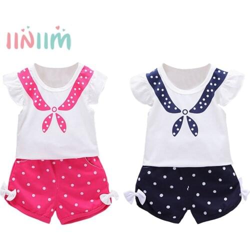Summer Toddler Baby Girls Clothes Set Sailor Collar Ruffle Cotton T-Shirt Top Dot Short Pants 2Pcs Outfits for Infant Girls
