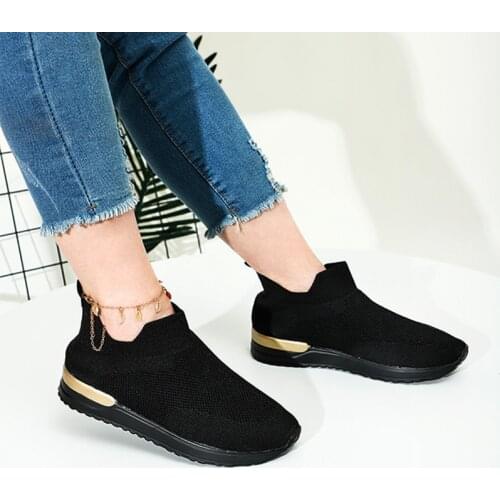 MCCKLE Women Vulcanized Shoes Sneakers Ladies Solid Slip on Breathable Knitted Socks Shoes Female Casual Running Flats Plus Size