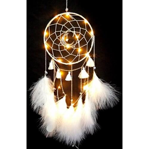 Dream Catcher DIY Home decoration Handmade led Lighting Moon Design Feather Craft Hanging Dream Catcher for Kids girls room Gift