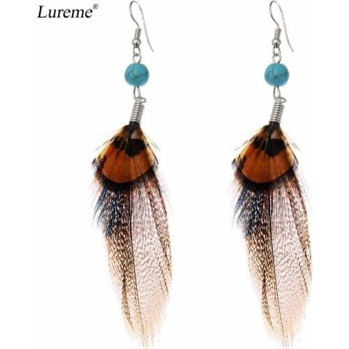 Lureme Bohemian Jewelry Blue Stone Bead with Handmade Natural Feather Long Earrings for Women (er005510)