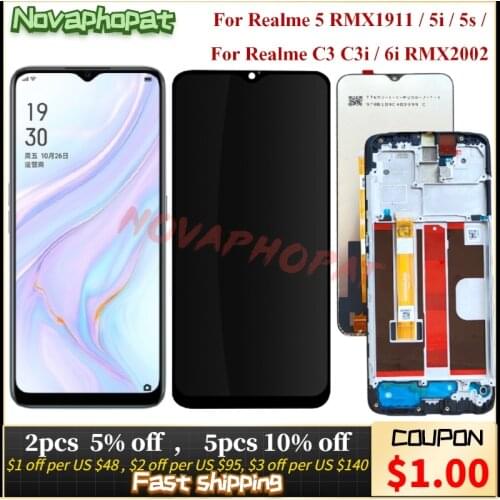 Novaphopat Black LCD Sensor For Realme 5 RMX1911 5i 5s C3 C3i 6i Touch Screen Digitizer Display Glass lens Full Assembly Frame