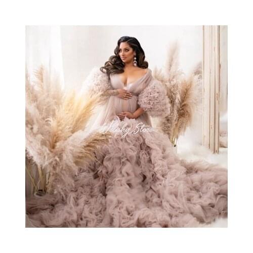 New Arrival Long Tulle Maternity Robes Sexy Sheer Long Ruffled Pleated Tulle Dresses Women Photo Shoot Custom Made Plus Size
