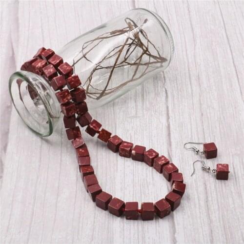 New Style 8mm Square Stone Red Synthesis Turquois Imperial Jaspers Necklace Earrings Fashion Jewelry Womens Gift 18inch Y553