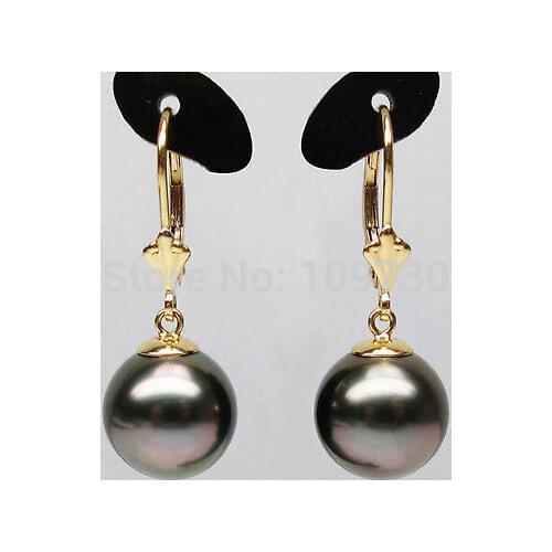 Ry00235 PRETTY!ROUND!10.8MM BROWN TAHITIAN PEARL EARRING/G14K (C0327)