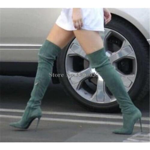 Women Sexy Pointed Toe Suede Leather Thin Heel Over Knee Boots Slim Style Black Red Green Flock High Heel Long Boots Club Shoes