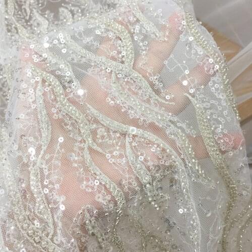 Couture Wedding Dress Lace Fabric by Yard , 3D Beaded Bridal Gown Fabric with silver Embroidery 140cm wide