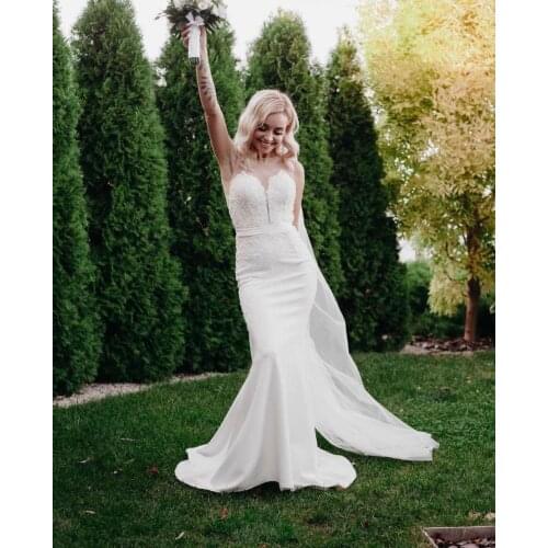 Wedding Dress Mermaid Sheer Neck Tank Lace Appliques Sequined Beads Button Backless Satin Floor Length Sweep Train Bride Gown