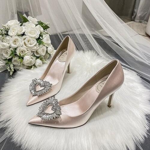 French Main Wedding Wedding Shoes Bridesmaids Shoes Champagne Crystal Diamond Button Dress Single Shoes Satin White Heels