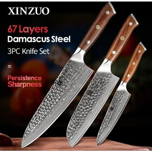 XINZUO 3 Pcs Kitchen Knives Set vg10 Damascus Steel Stainless Steel Pro Chef Cleaver Santoku Utility Paring Knife
