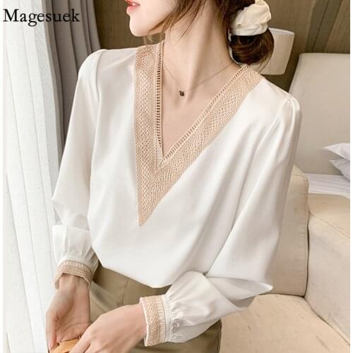 Office Lady Chiffon Satin Shirt Women Autumn New Long Sleeve Lace Ladies Blouse Elegant V Neck Loose Tops Women Clothing 16134