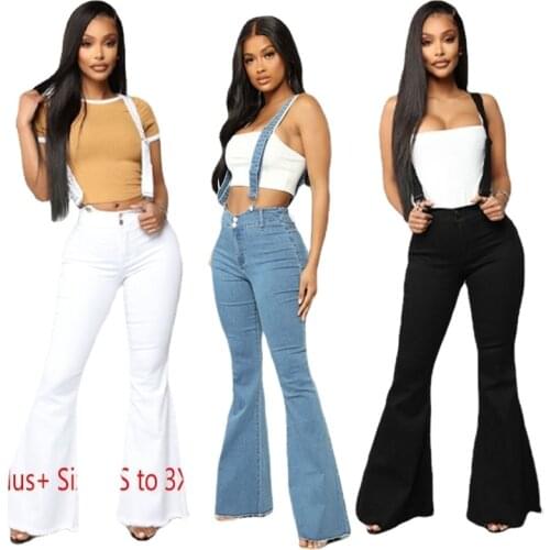 Womens Denim Fashion suspenders trousers slim High waist Hips slimming Ladies flared pants Button zipper cotton soft Breathable