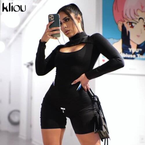 Kliou Letter Print Rompers Women Solid Sexy Little Cleavage Playsuits Turtleneck Long Sleeve Skinny Overalls Hot 2021 Streetwear