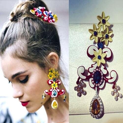 Fashion Korean Earrings 2018 Baroque Earrings For Women Big Yellow Flower Drop Earring Long Cross Pendientes Oorbellen