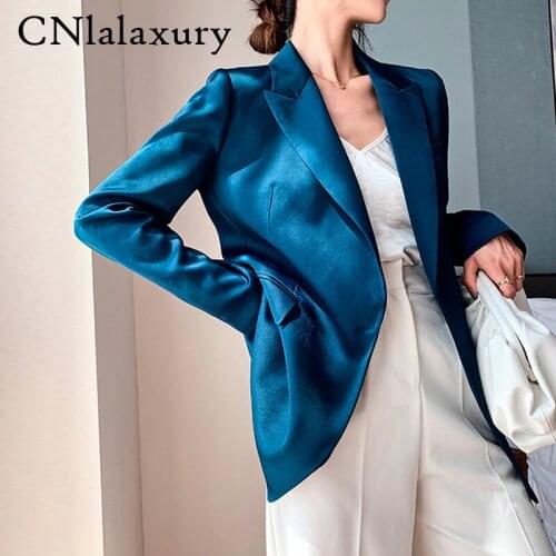 Vintage Blue Blazer for Women 2020 Autumn Trendy Korean Style Luxury Satin Suit Jacket Female OL Work Coat Female Outerwear Tops