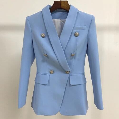 New Sky Blue Blazer Women 2020 Suit Classic Double Breasted Sliver Button Shawl Collar Office Ladies Blazer High Quality Spring