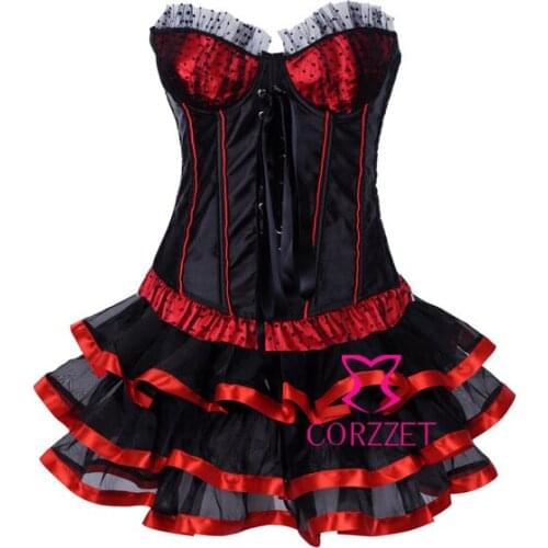 Polka Dot Red Black Patchwork Burlesque Corset Skirt Set Women Bustiers & Corsets Sexy Party Wear Corpetes E Espartilhos Skirts