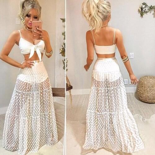 Women High Waist Sexy See-Through Mesh Pleated Maxi Long Skirt Vintage Polka Dot Print Tulle Bodysuit Swimwear Bikini Beach Cove