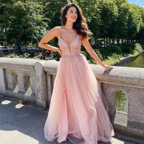 Party Dresses Elegant Prom Deep V-Neck Spaghetti Strap Crystals Tulle A-line Women Special Occasion Long Evening 2021 Ball Gown