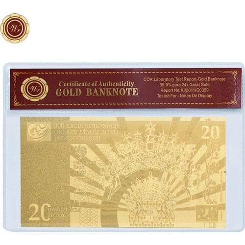 WR Poland 20 Zloty 24k Gold Plated Foil Banknote Wholesale Poland Paper Money Design Golden Banknote
