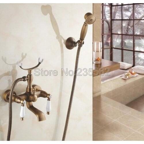 Antique Brass Wall Mount Bathroom Tub Faucet Clawfoot Shower Mixer Tap Dual Ceramic Handle ltf157