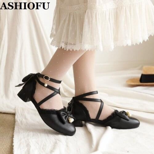 ASHIOFU 2021 New Womens Handmade Block Heels Pumps Cross-buckle Strap Butterfly Party Sweet Shoes Large Size Fashion Court Shoes