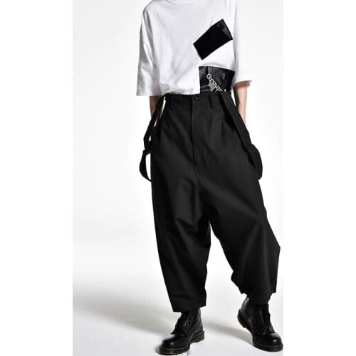Mens spring and autumn wide leg pants overalls loose mens casual pants large size suspenders Japanese Yamamoto wind