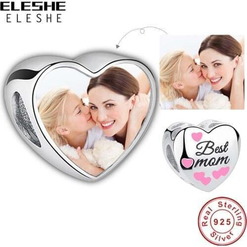 Mothers Gift Real Sterling Silver 925 Heart Shape Charm Beads Best Mom fit Original Jewelry DIY Custom Photo
