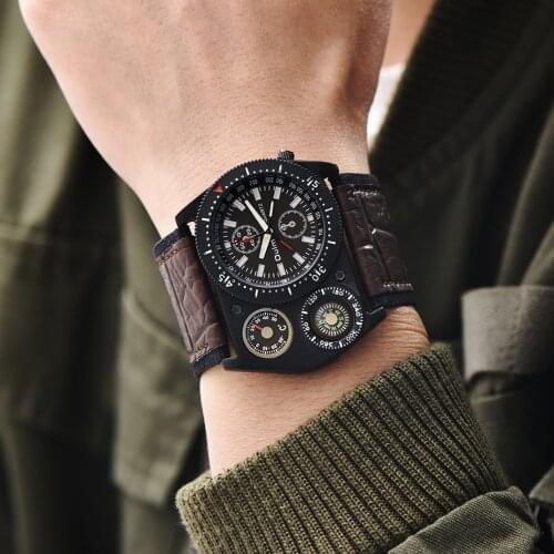 Oulm HP4094 Big Size Sport Men Wide Band Leather Watches Decorative Compass Quartz Clock Male Casual Wristwatch