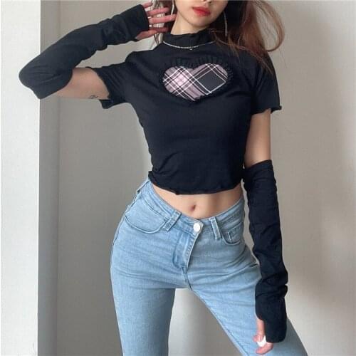 Black Color Patchwork Heart Y2K Crop Top T Shirt with Oversleeves for Women Cute Egirl Vintage 2000s Aesthetic Cotton Tshirt