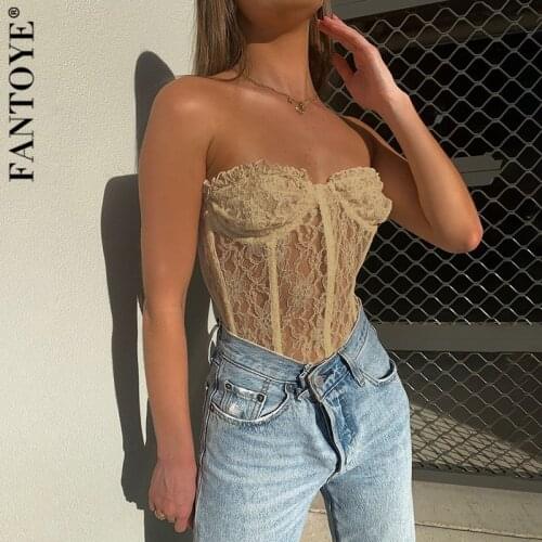 FANTOYE Women Sexy Mesh Lace See Through Crop Tops Camis Tube Top Backless Skinny Nightclub Feminino Tops Black Slim Tank Top