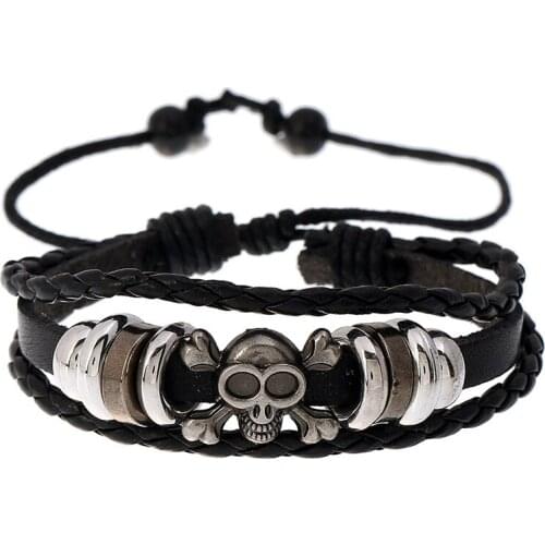 Jessingshow Black Skull Men Bracelets Wristband Punk Rope Wrap Cuff Bangle Adjustable Leather Bracelet Women Jewelry Accessories