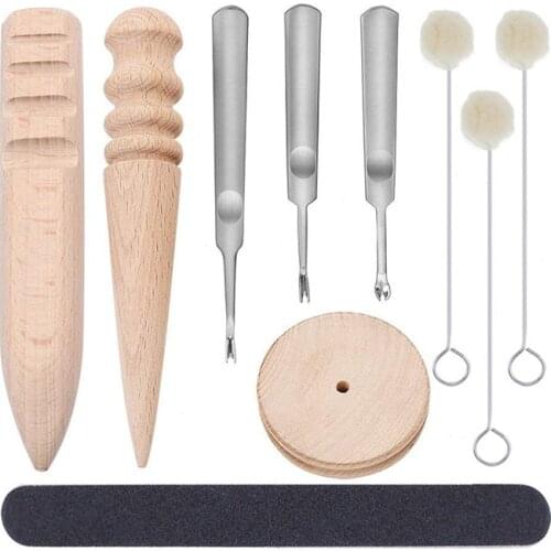 LMDZ 10Pcs Leather Sewing Craft Tool Set with Leather Edge Skiving Beveler Wood Edge Slicker Sanding Strip and Wool Daubes