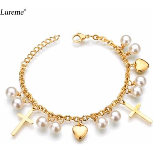 Lureme Womens Gold Color Stainless Steel Chain Bracelet with Pearls Cross Heart Charms Party Jewelry (bl003254)
