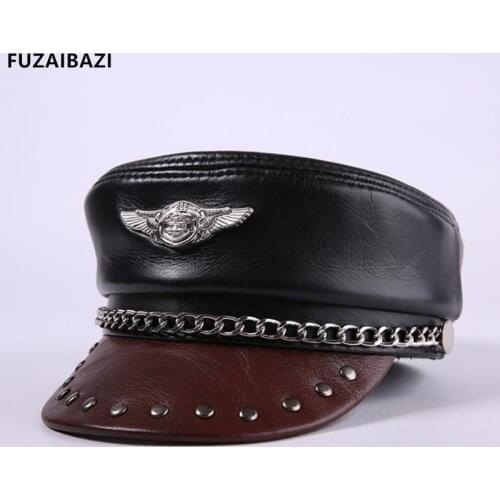 FUZAIBAZI Fashion Genuine Leather Military Cap New Style Mens Womens Autumn Winter Cowhide Hat Trend outdoor Flat Caps