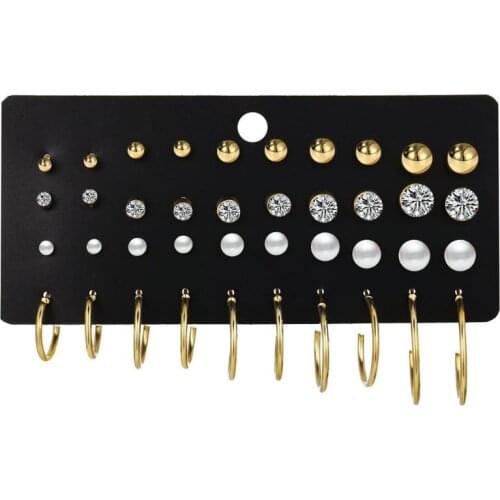 20 Pairs Danity Assorted Mini Round Metal Ball Crystals Pearl Hoop Stud Earrings Kit For Women Men Fashion Jewelry