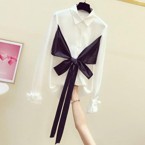 2020 Autumn New Korean Bow Bell Sleeve Midi Shirt Womens Casual Shirts Ladies Elegant Loose Chiffon Blouse Girls Oversize Blusa