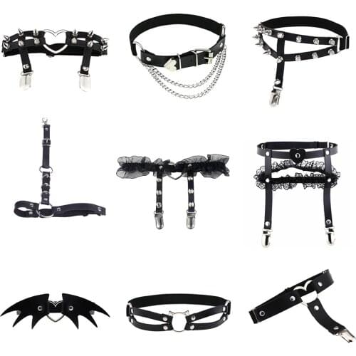Women Elastic Leather Garter Belts Heart Leg Neck Ring Punk Girls Adjustable Thigh Stokings Socks Clip Harness Garter Suspender