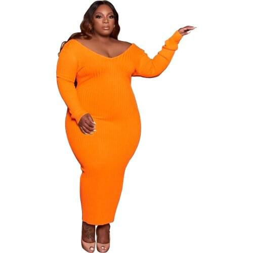 Drop-shipping Women Solid V-neck Ottoman Dresses 2021 Autumn Plus Size XL-5XL Bodycon Mid-calf Sexy Clubwear Dress New Arrivals