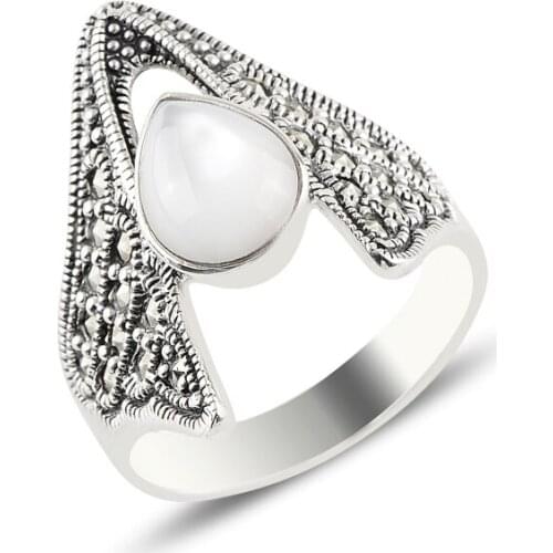 Silver 925 Sterling Pearl & Marcasite Ring