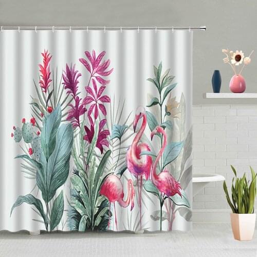 Tropical Plant Flamingo Shower Curtains Green Leaves Plants Palm Tree Flowers Modern Living Room Decoration Washable With Hooks