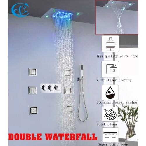 Bathroom Waterfall And Rain Shower Faucet Set 100~240V AC Colorful LED Shower Head Hot And Cold Mixer Faucet Valve Contemporary