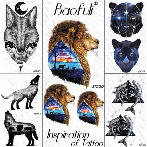 Baofuli Flash Lion Watercolor Fox Moon Tattoos Leopard Whale Wolf Temporary Tattoo Sticker Black Tatoo Forest Glassland Mountion