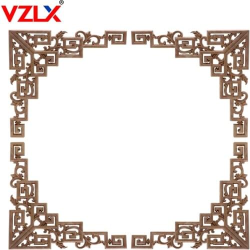 VZLX China Wood Vintage Wooden Carved Corner Onlay Furniture Wall Decor Unpainted Frame Applique Home Decoration Accessories