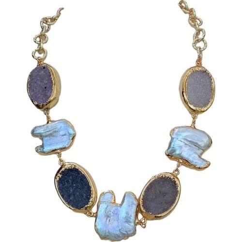 Y·YING Cultured White Keshi Pearl Gray Agates Druzy Oval Shape Connector choker Necklace 19"