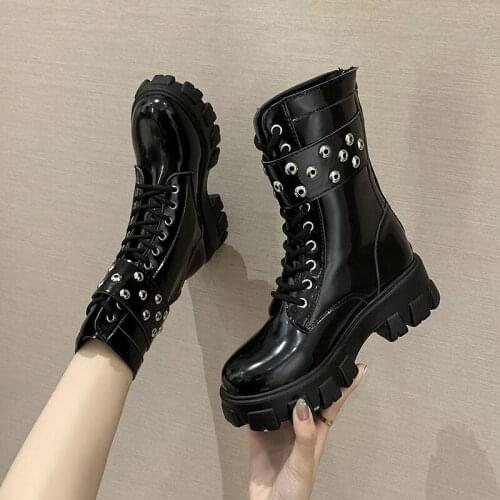 Female Bottes Winter Thicken Non Slip PU Motorcycle Boots For Women Fashion Cross Tie Buckle Zipper Shoes