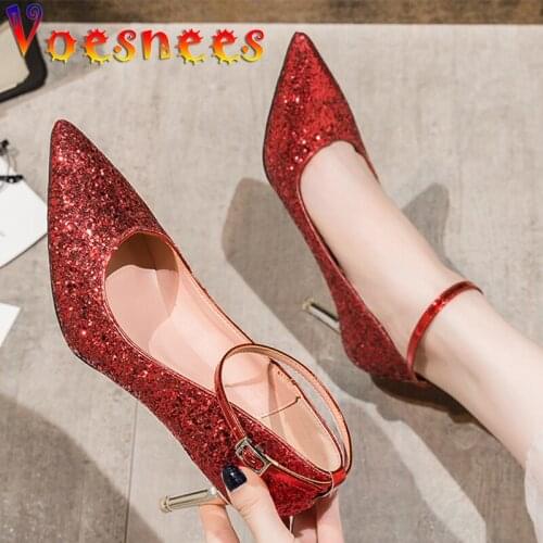 Voesnees 2021 New Sequins High Heels Thin Heels Shallow Mouth Female Single Shoes Fashion Gradient Color Pointed Toe Women Pumps