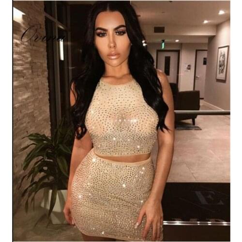 Black Khaki Sexy Round Neck Sleeveless Beaded Stamping Mini 2 Pieces Bodycon Bandage Women Sets