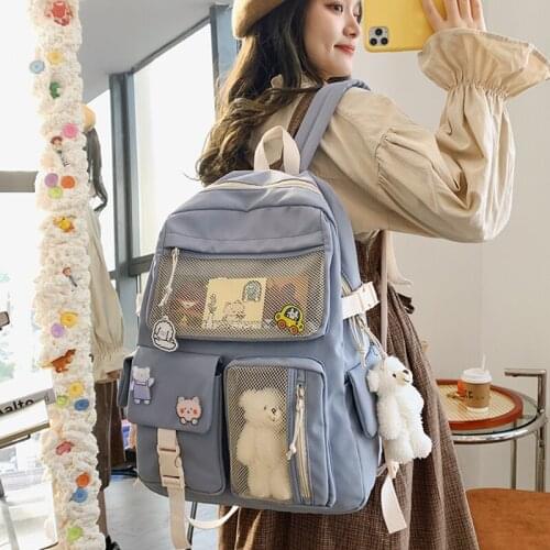 20201 New Buckle Badge Women Backpack Candy Color Fashion Cute School Bag Shoulder Student Bag Teenage Girls College Backpack
