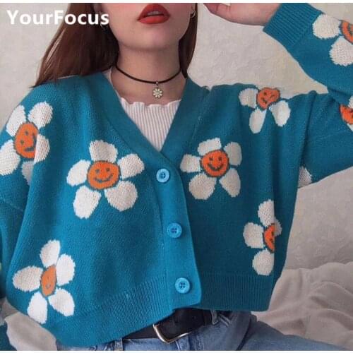 Cute Sweet Chic Sunflower Cropped Cardigan Women 2019 Winter Streetwear Harajuku Knitted Sweater Cardigan Women Tops