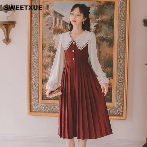 SWEETXUE Preppy Style 2021 Women Spring Fall Long Sleeve Peter Pan Collar Pleated Dresses Female Hot-Selling